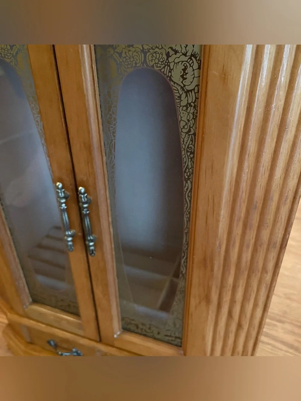 Vintage Large Wood Armoire Style Jewelry Box Gold Etched Glass Doors 17”